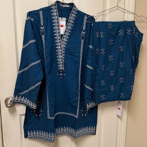 NWT Pakistani khadi brand Women’s Blue Embroidered Pajama Set Farshi shalwar